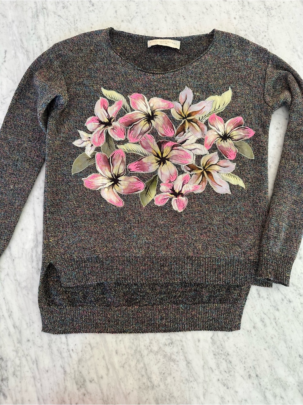 Stella McCartney Floral Appliqué Crewneck Sweater - Pink Floral on Heather Gray